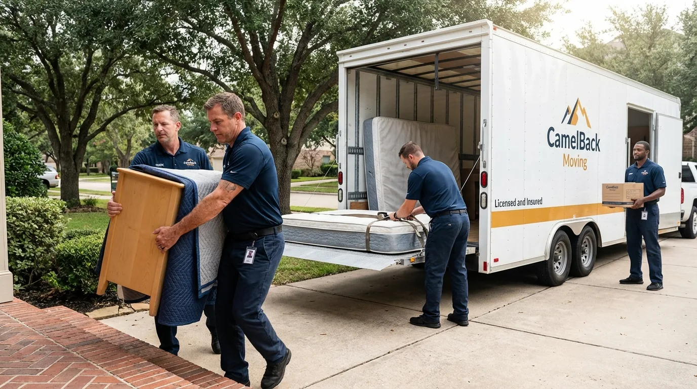 Crew loading residential truck for cross-state move from Brownsboro, TX