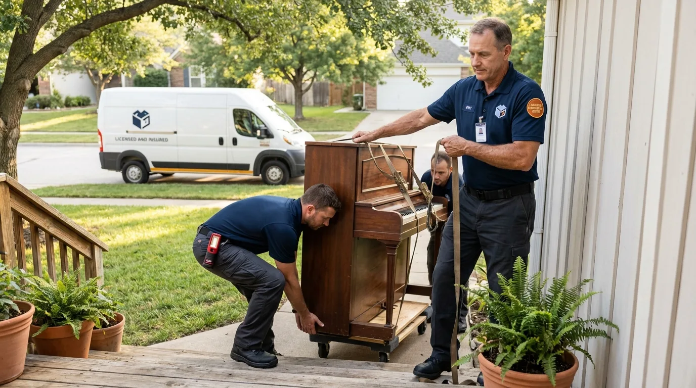 Licensed piano movers securing grand piano in Brownsboro, TX