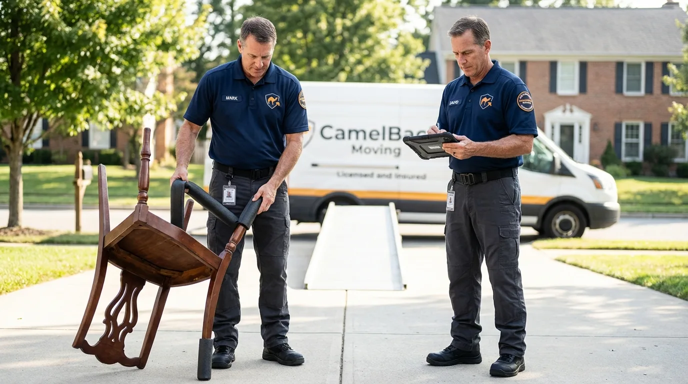 Movers inspecting furniture for damage prevention before loading in Brownsboro, TX