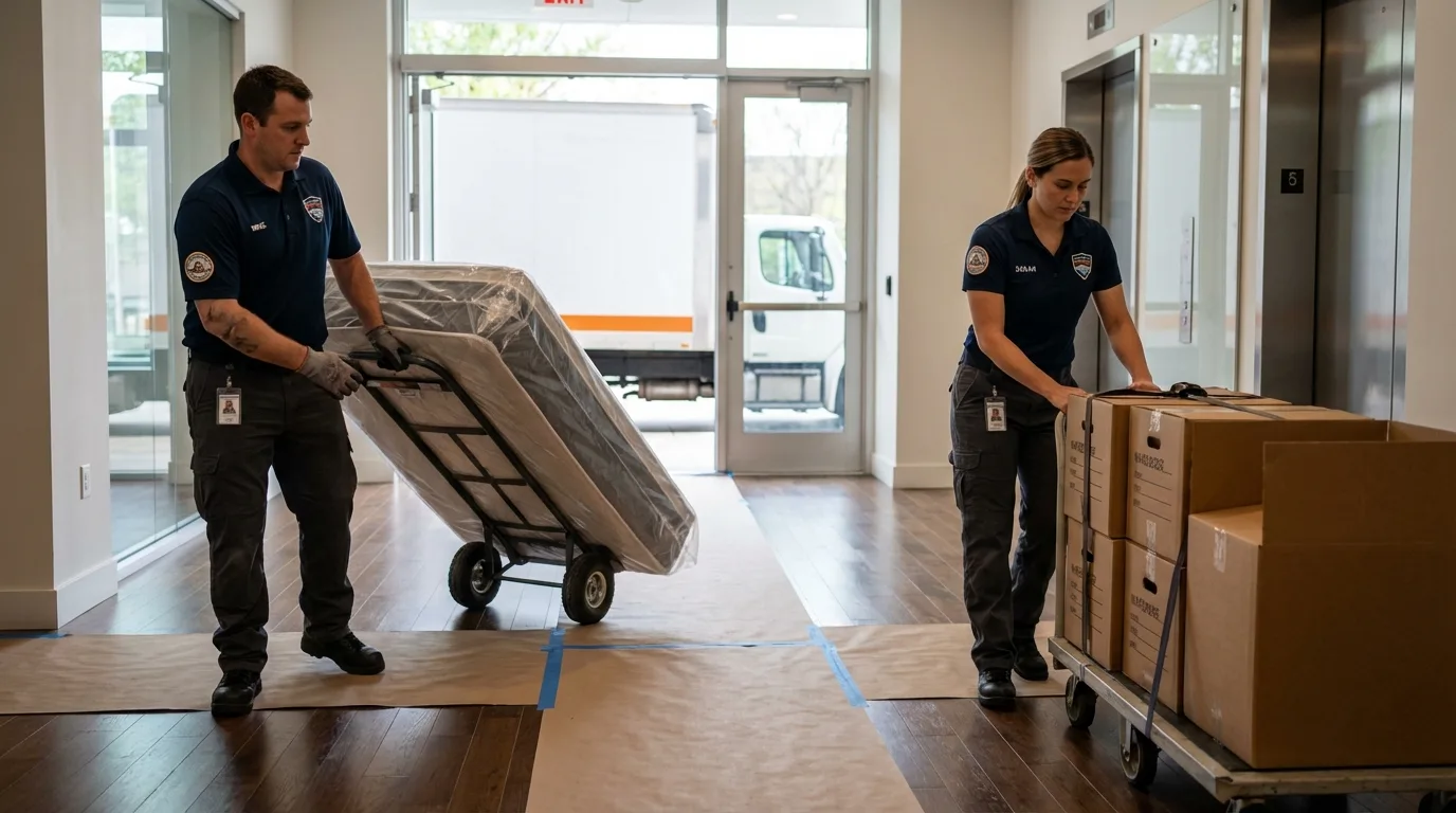 Professional apartment movers loading elevator in Brownsboro, TX